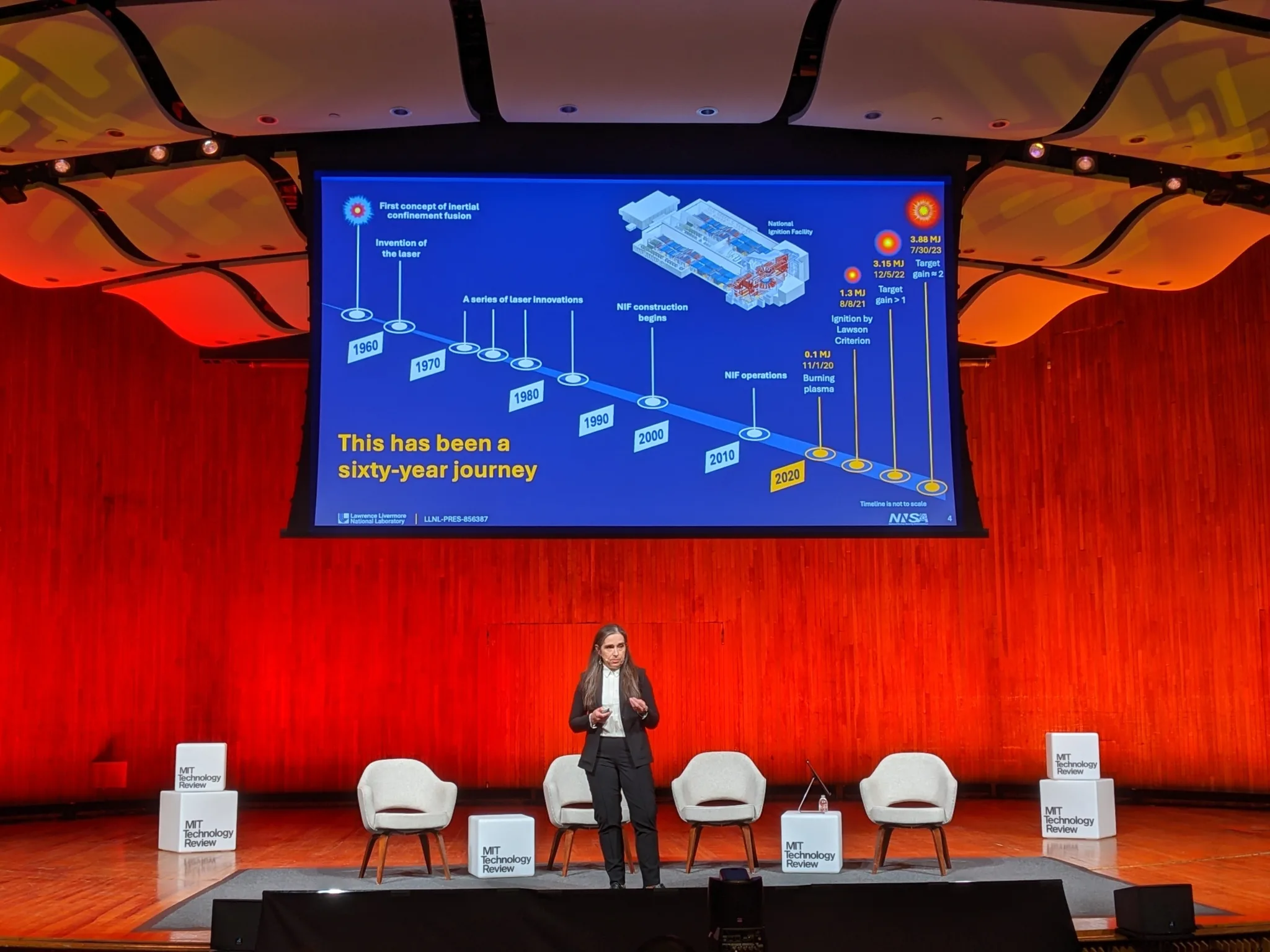 an image of kim budil presenting at the mit emtech 2023 conference about nuclear fusion 