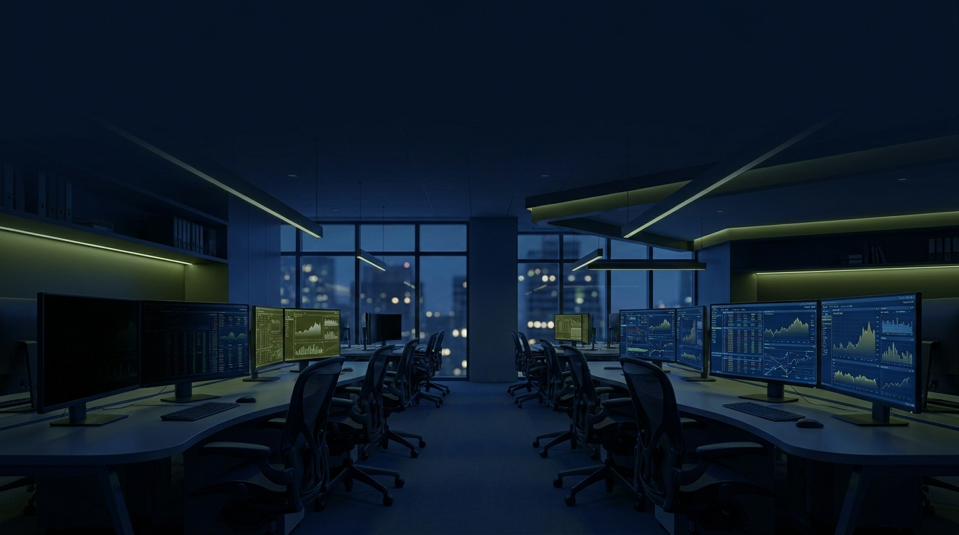 hero-0015-saas-reckoning Dark office of software dashboards with half the screens going dark, symbolizing the SaaS stock reckoning