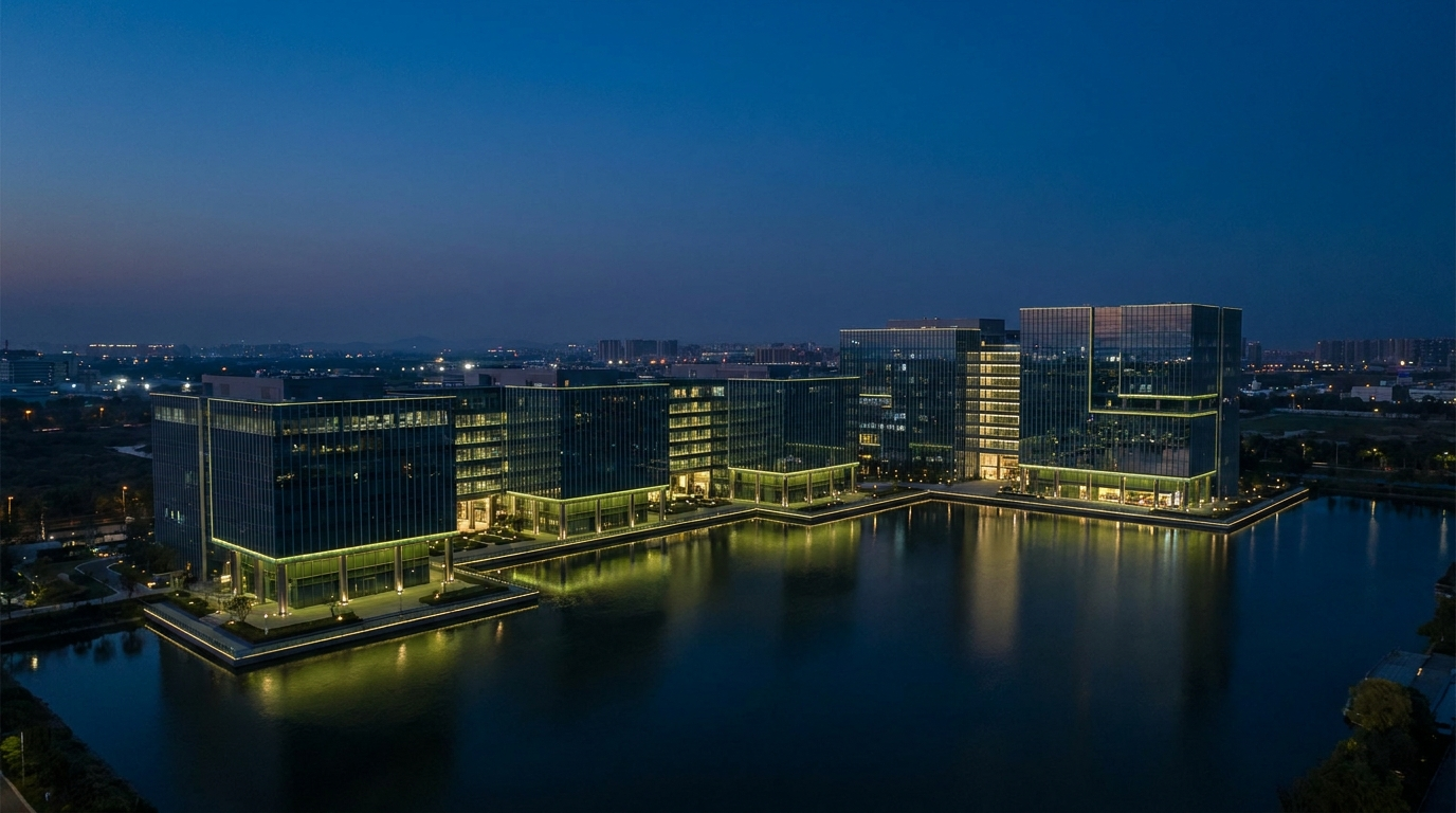 hero-0017-alphabet-moat Modern glass campus surrounded by a wide water moat at dusk, symbolizing Alphabet's AI moat