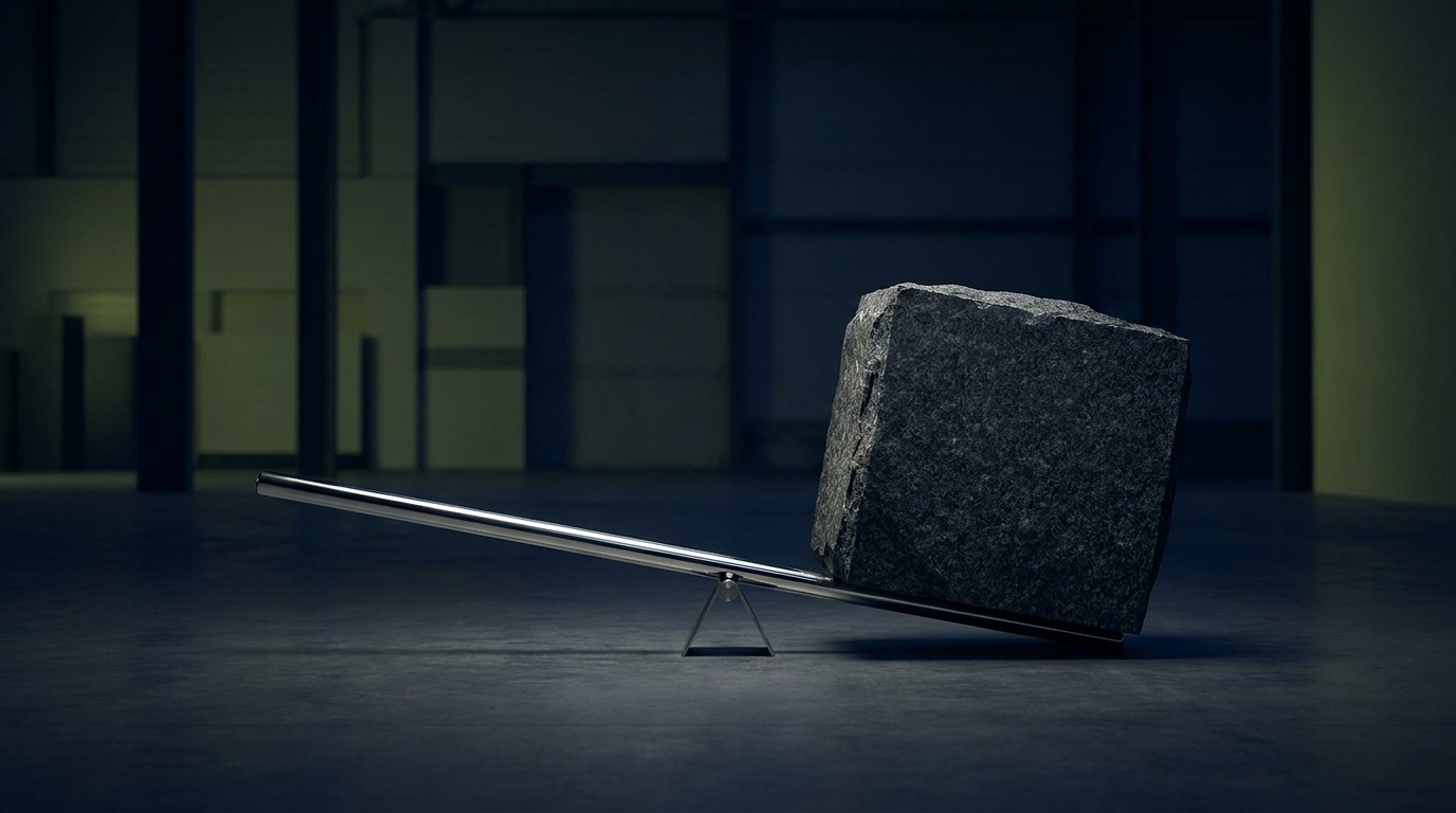 hero-0023-operating-leverage A polished steel lever resting on a small fulcrum lifting a massive granite cube, symbolizing operating leverage
