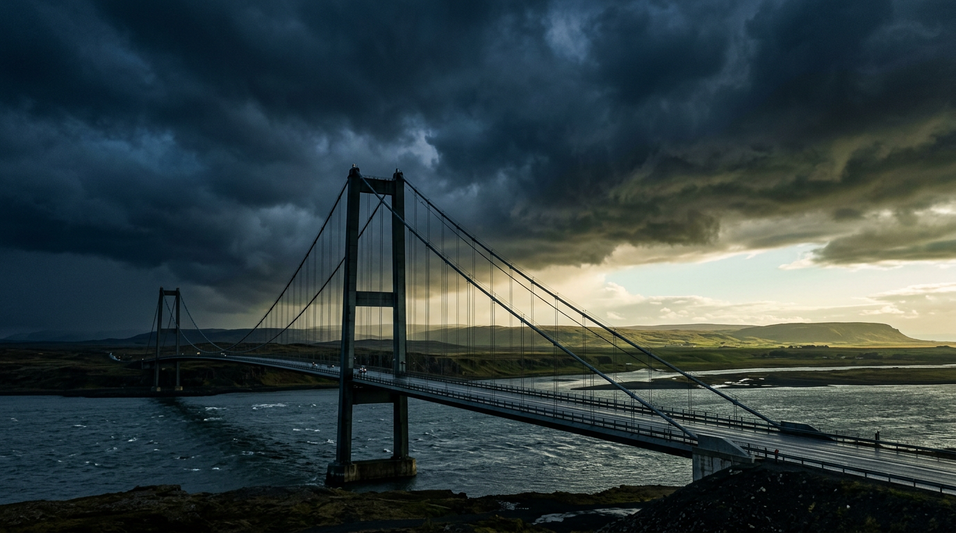 hero-0024-upstart-storm A suspension bridge standing firm as storm clouds part to reveal light on the horizon