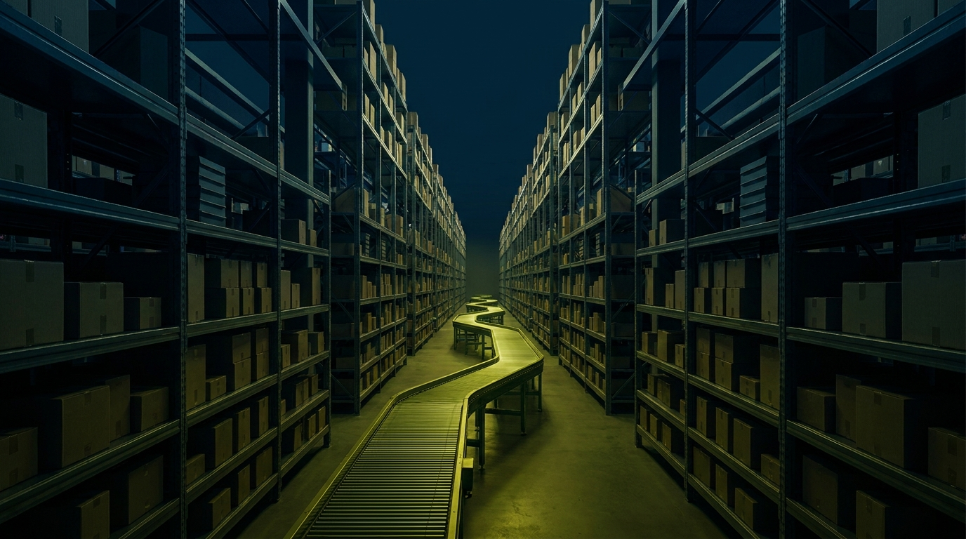 A vast fulfillment warehouse aisle receding to a vanishing point with one conveyor line glowing