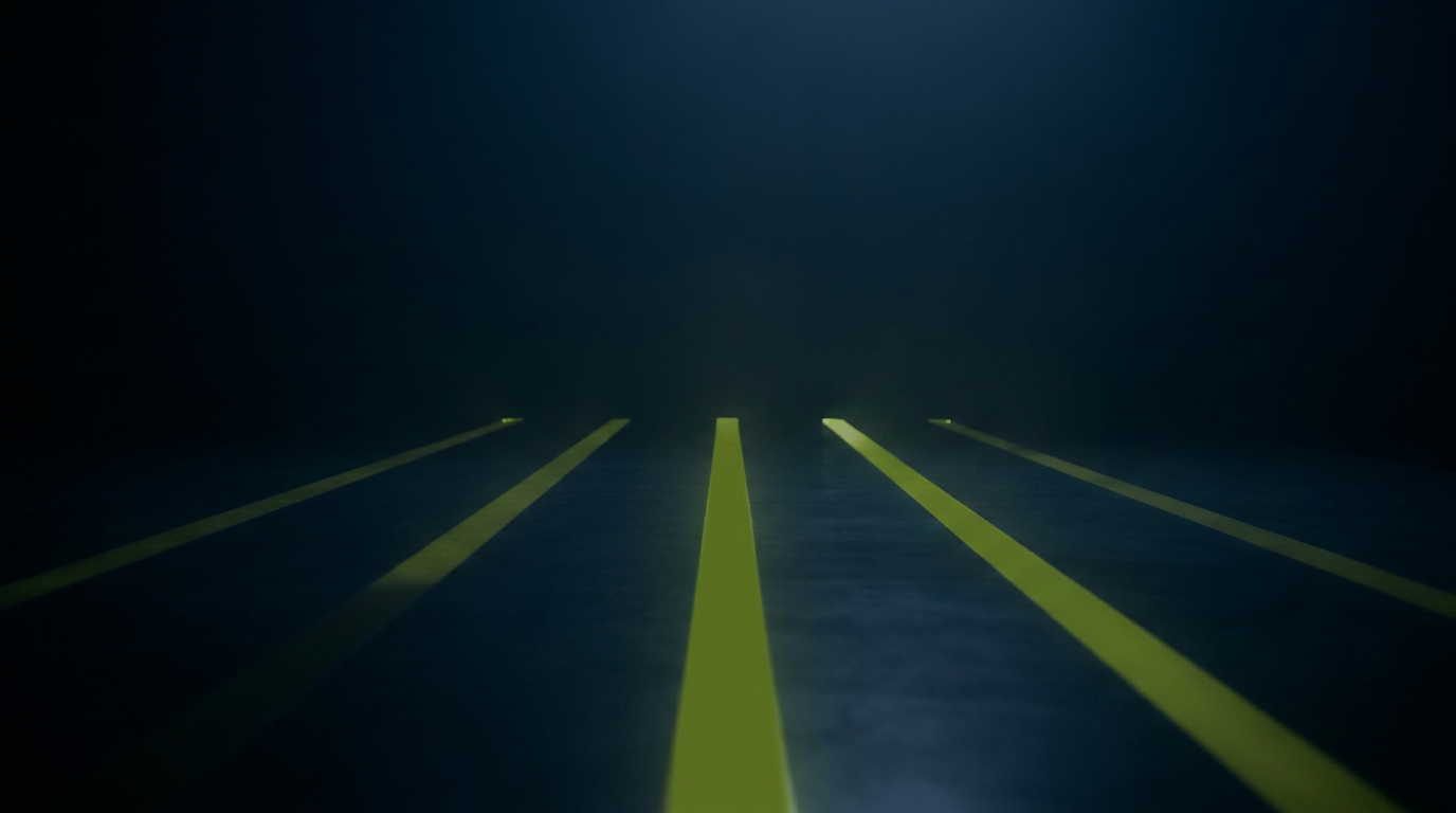 hero-0028-five-verdicts Five paths of green light receding into darkness, representing five separate stock verdicts