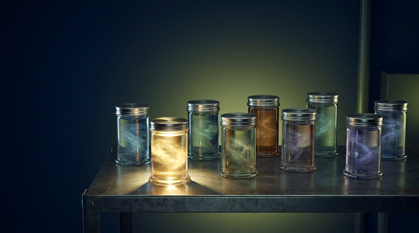 hero-0029-mit-ranked Ten glowing laboratory specimen jars on a dark steel shelf with one lit far brighter than the rest, symbolizing a ranked list of breakthrough technologies