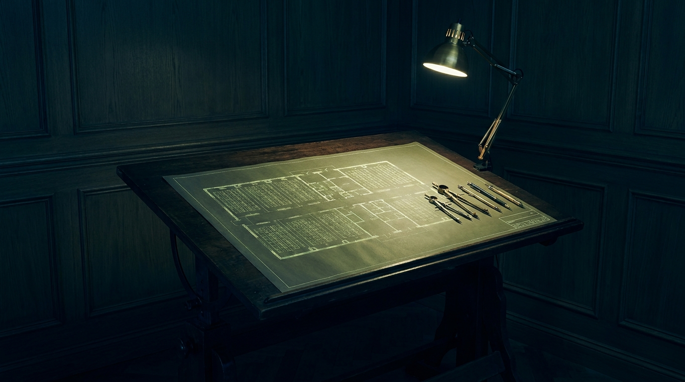 hero-0030-broadcom-architect An architect's drafting table lit by a single lamp, holding an illuminated blueprint of a data center floor plan
