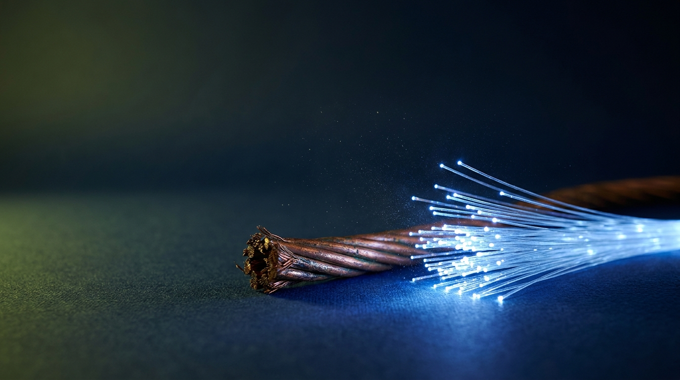 hero-0031-lumentum-optics A thick dull copper cable beside a bundle of hair-thin fiber optic strands blazing with transmitted light