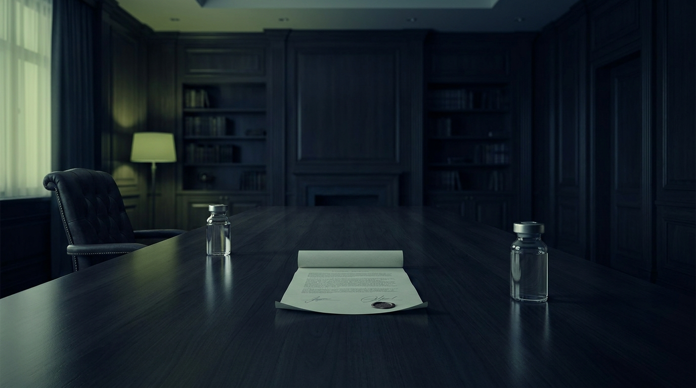hero-0035-glp1-truce Two identical medicine vials at opposite ends of a long polished boardroom table with a freshly signed document between them
