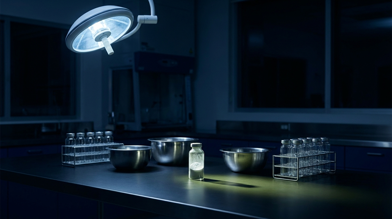 hero-0037-compounded-glp1 A sterile pharmacy compounding bench at night with stainless mixing vessels and glass vials under a single clinical light