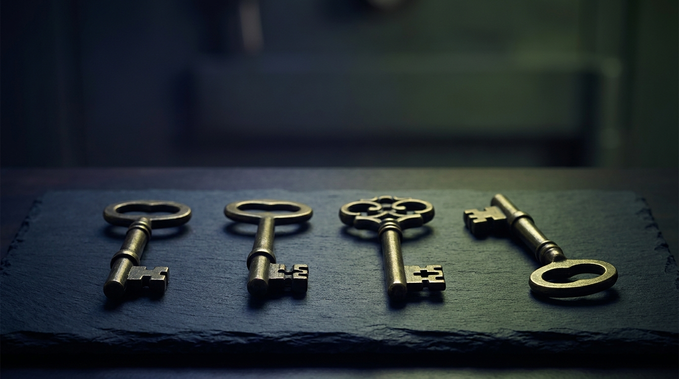 hero-0038-200b-market-keys Four heavy brass keys of different shapes laid in a row on dark slate, each catching a different sliver of light