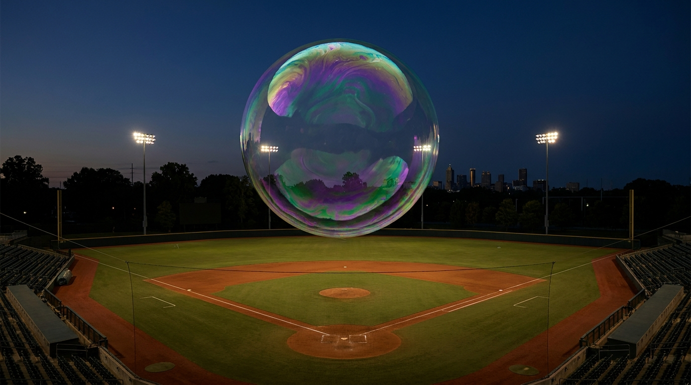 hero-0043-bubble-or-innings A soap bubble and a baseball diamond rendered as overlapping translucent forms against a dark background