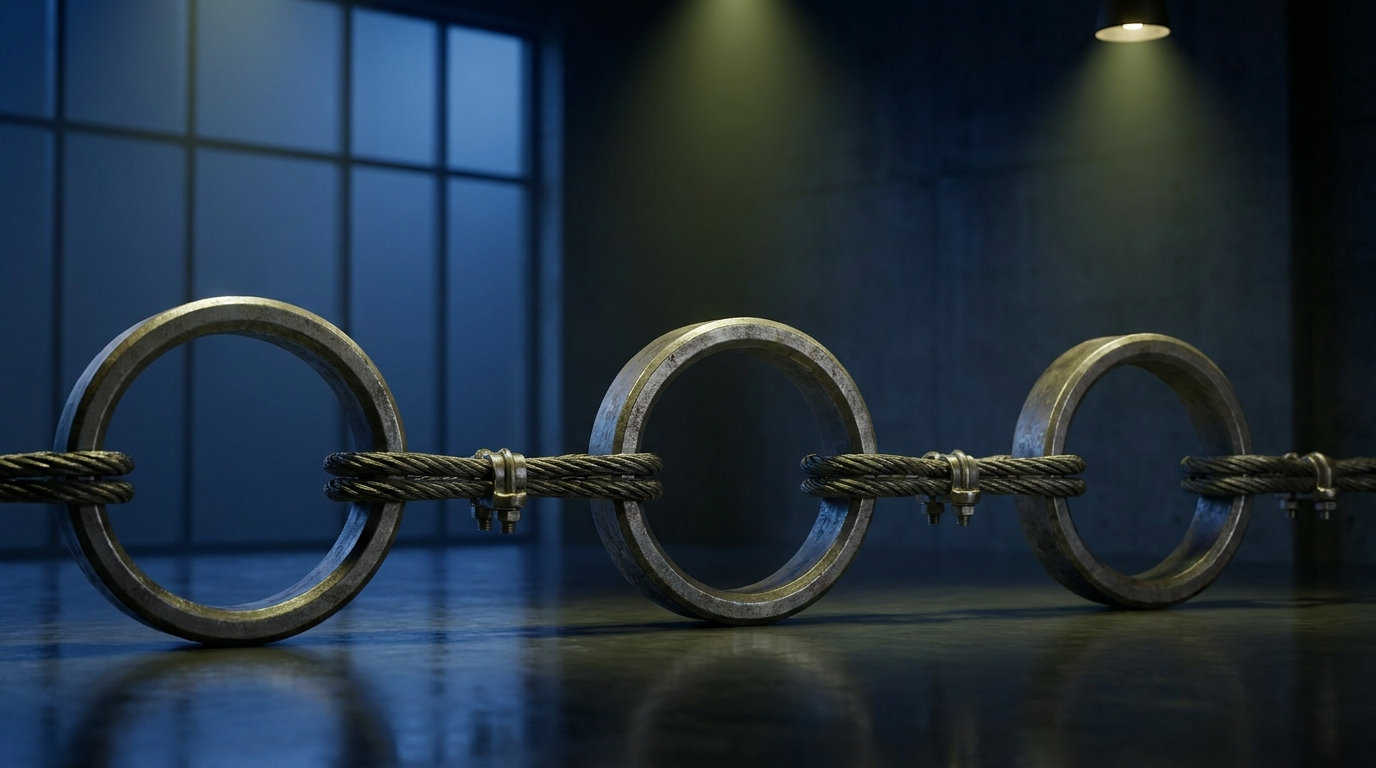 Three interlocking rings of light forming a closed loop, with arrows of capital flowing between them in a dark space