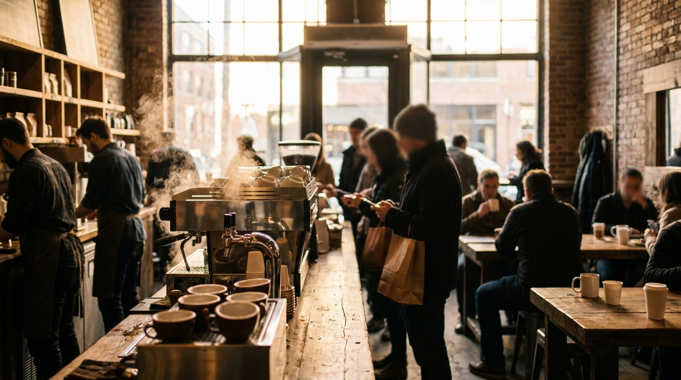 Interior of a busy coffeehouse in early morning light, steam rising from an espresso machine with a blurred queue of customers