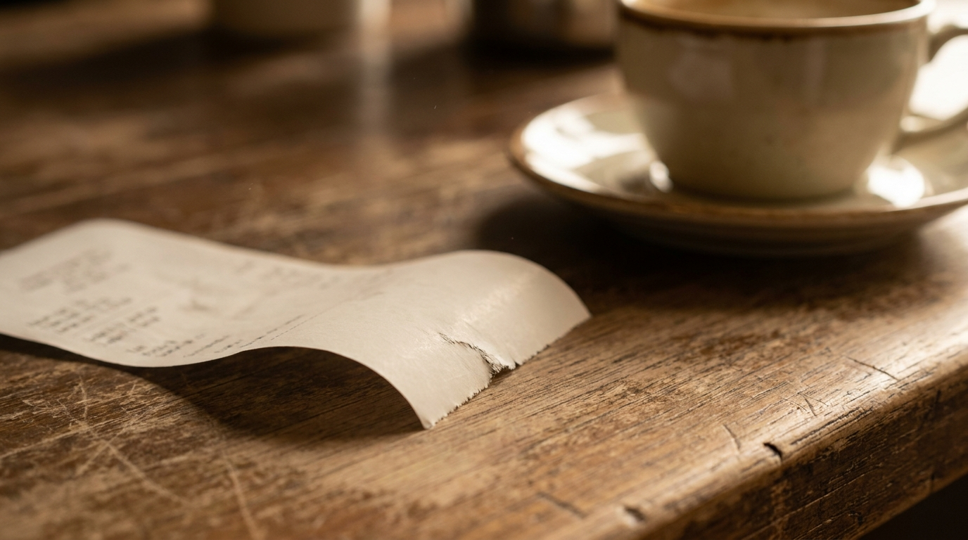 A printed receipt on a cafe counter beside a paper coffee cup, with a card reader and queue visible out of focus behind