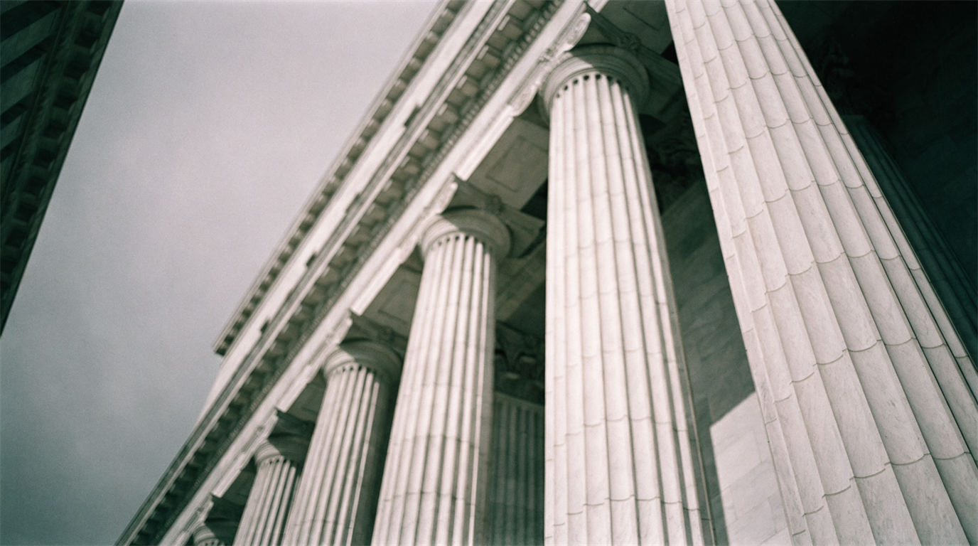 Neoclassical stone columns of an institutional building photographed from below against a flat overcast sky