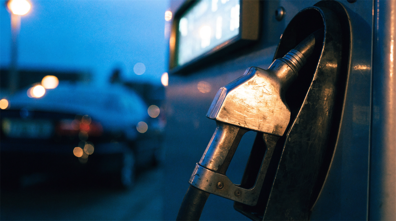 A fuel pump nozzle resting in its holster at a petrol station at dusk, with a car and forecourt lights blurred behind