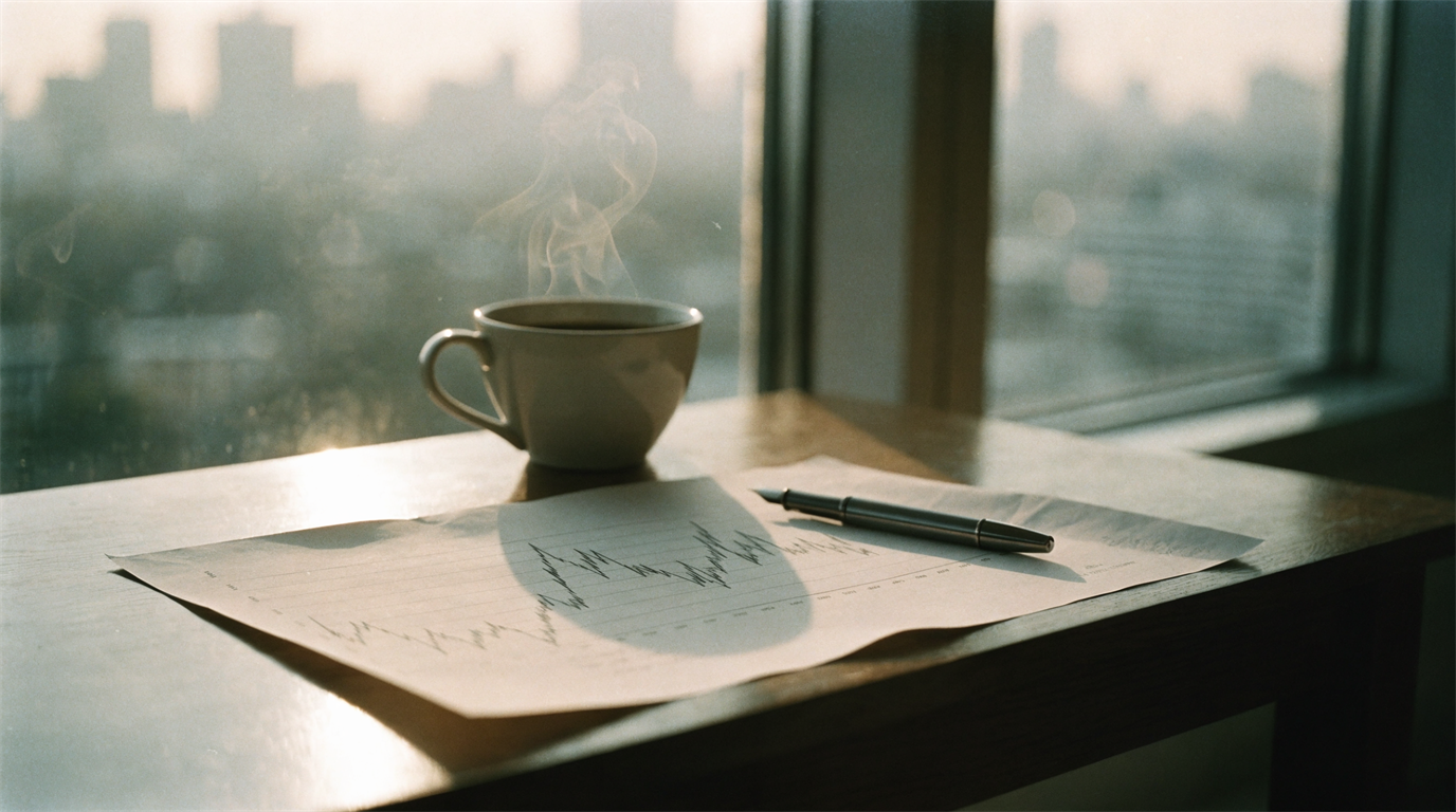 A desk by a window at dawn with a printed multi-year stock chart, a pen and a cooling cup of coffee, city skyline beyond