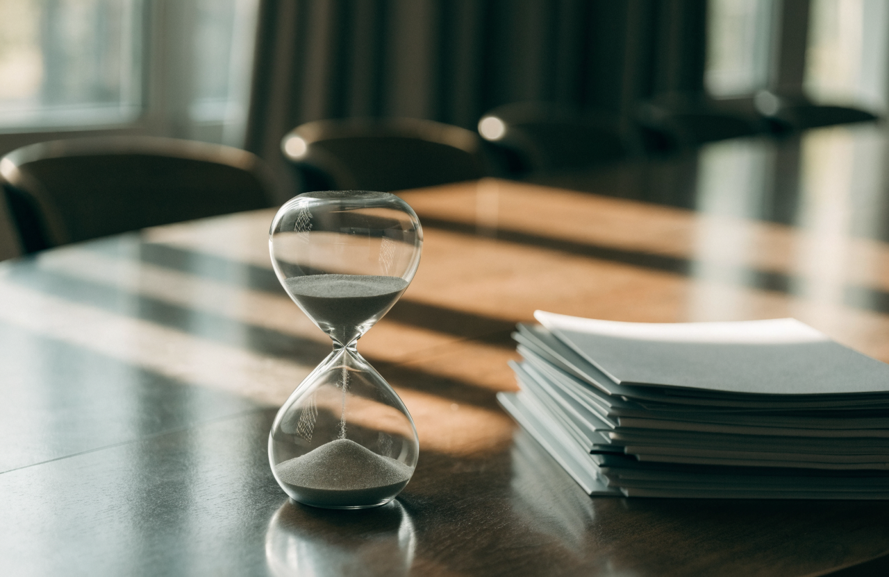 A glass hourglass standing on a polished dark wood boardroom table beside a stack of closed document folders, late afternoon light across the surface