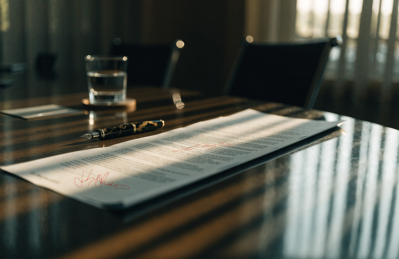 A signed commercial agreement on a boardroom table beside a pen and a glass of water, late afternoon light through vertical blinds