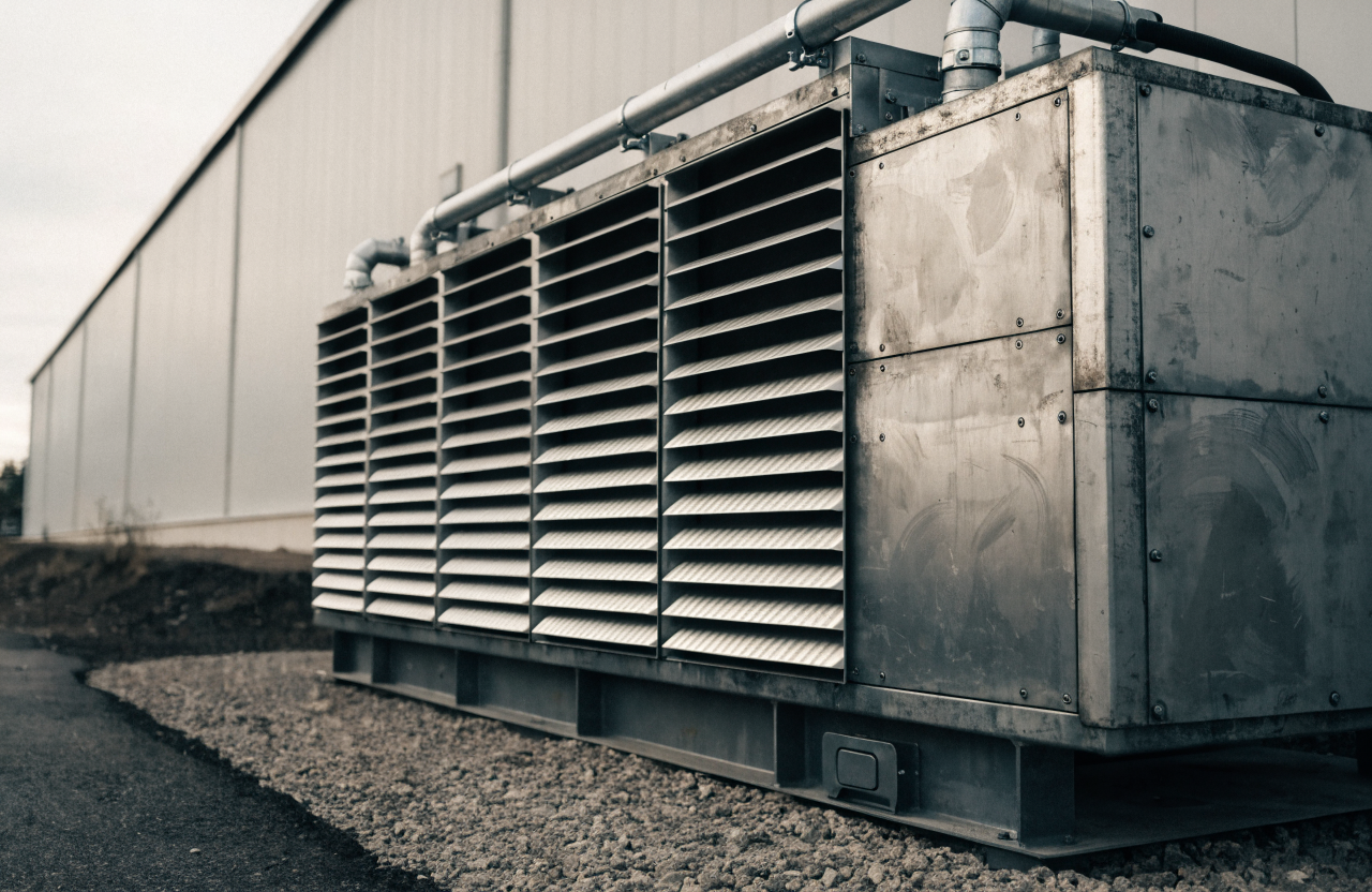 A close view of a modular on-site power unit with ventilation louvres, installed on a gravel pad beside an industrial building