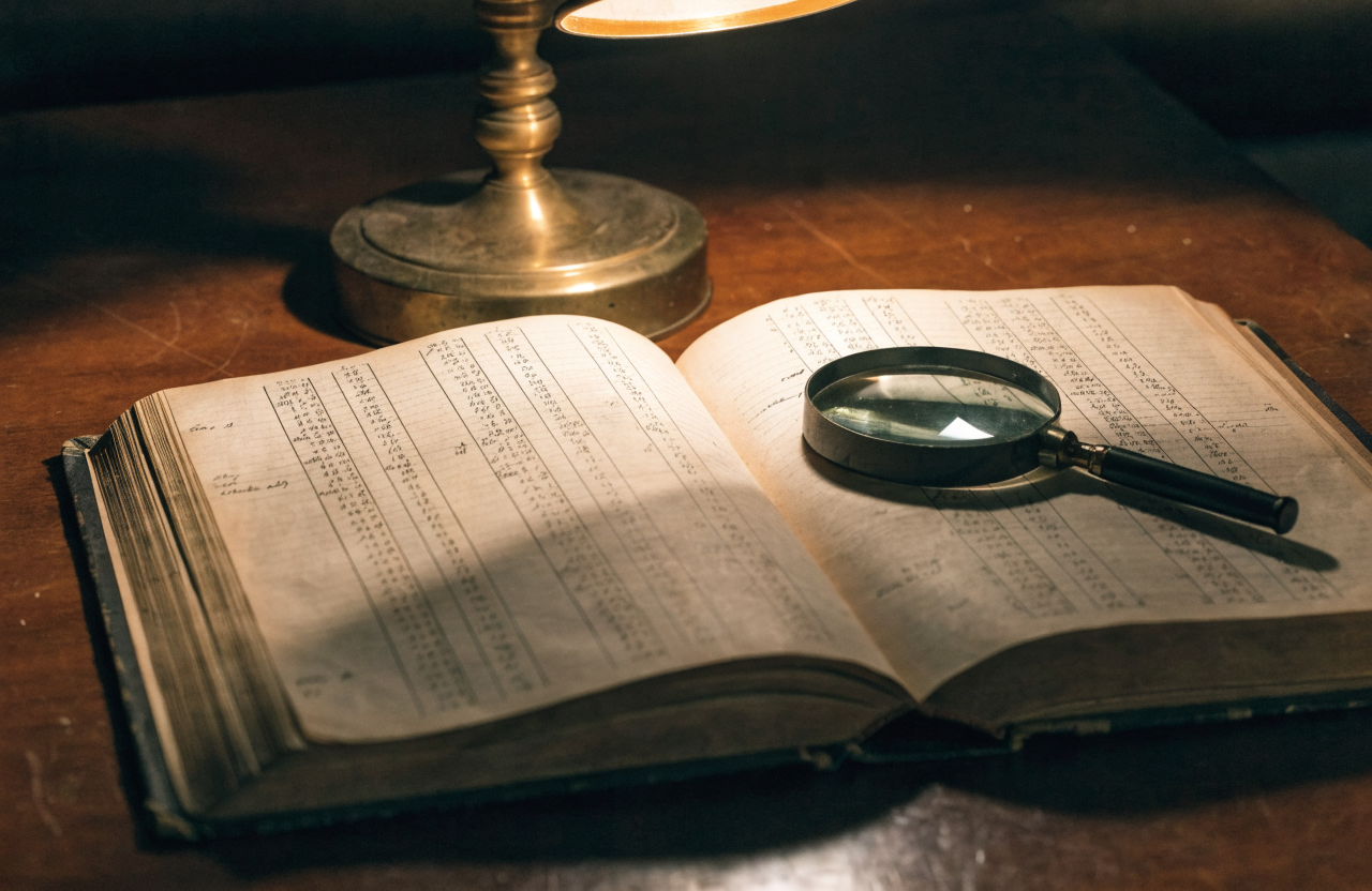 An open accounting ledger showing two columns of figures side by side under a desk lamp, with a magnifying glass resting on the page