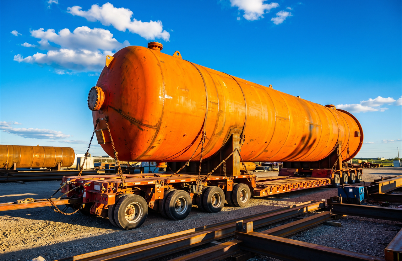 A large orange cylindrical pressure vessel chained to a multi-axle transport trailer in a yard under a bright blue sky