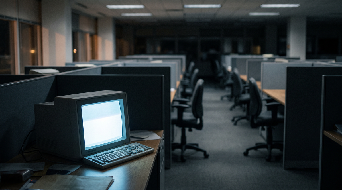 A single illuminated loan approval terminal in a vast empty operations floor at night, rows of unoccupied desks receding into darkness