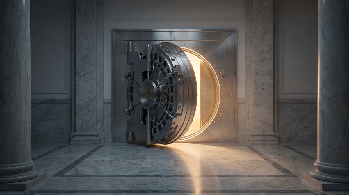 A heavy bank vault door standing ajar by only a few inches in a marble lobby, warm light spilling through the narrow gap