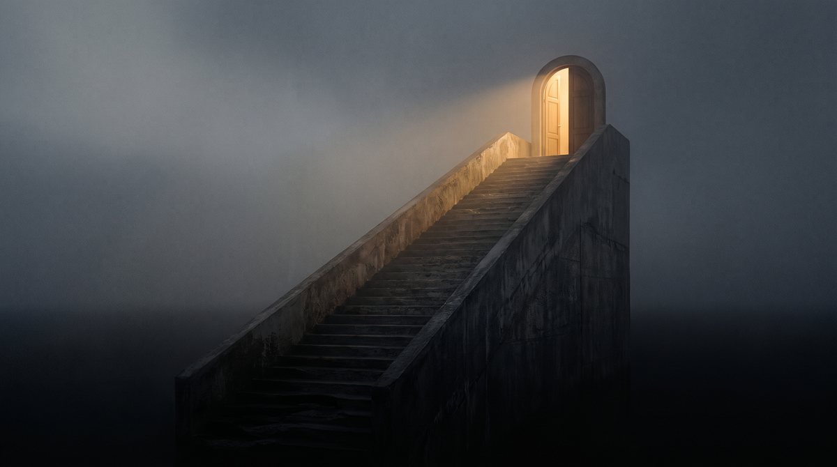 A steep ascending walkway emerging from deep shadow toward a lit doorway, the lower steps still lost in darkness
