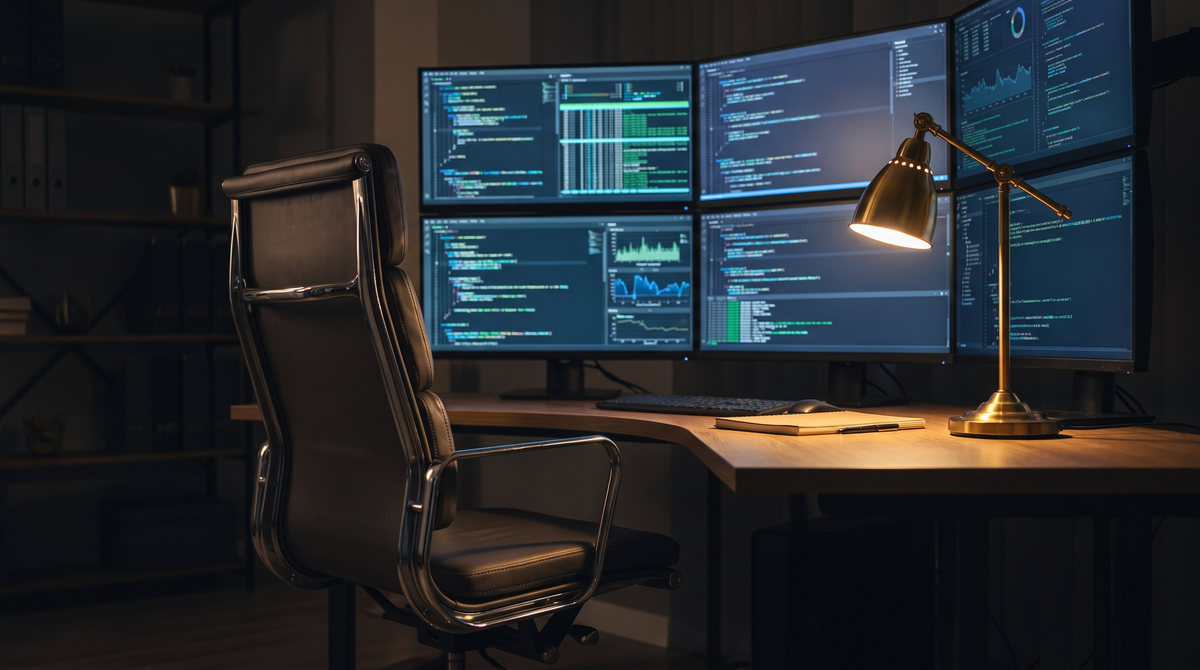An empty executive chair turned toward a wall of monitors displaying dense model output, warm lamplight on an otherwise dark floor
