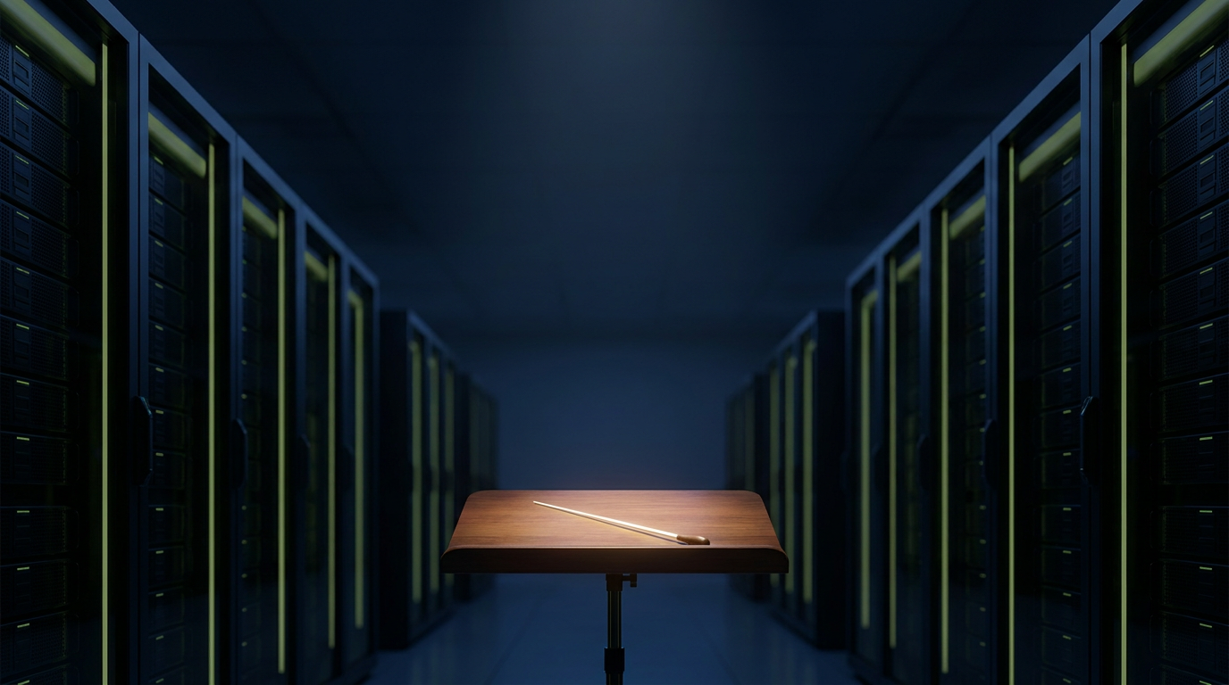 UiPath AI agent orchestration A conductor’s podium and baton at the head of a dark data-center aisle, representing AI agent orchestration