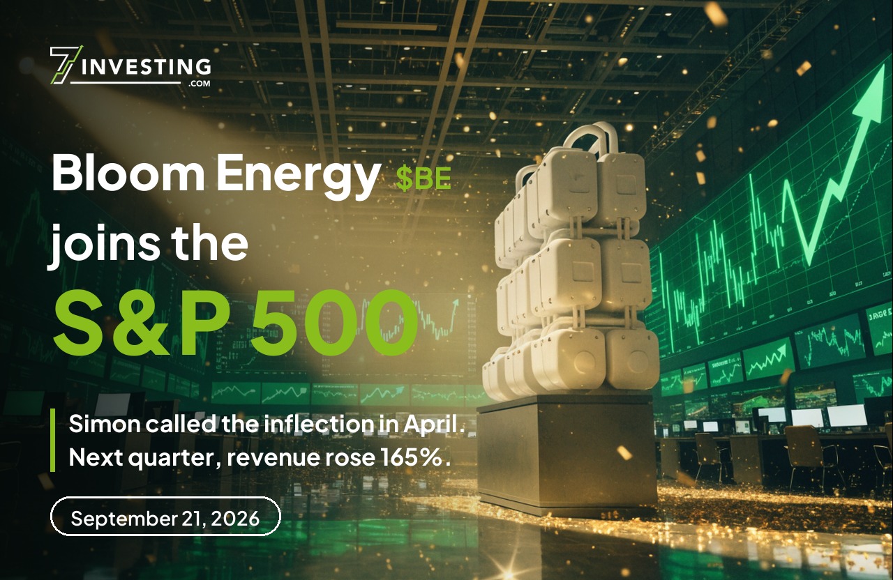 Bloom Energy ($BE) joins the S&P 500: a modular fuel cell unit displayed on a pedestal on a trading floor with green market charts