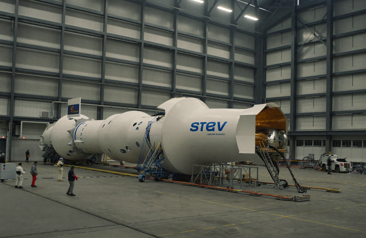 A large rocket stage lying horizontal in a vast assembly hangar with technicians dwarfed beside it
