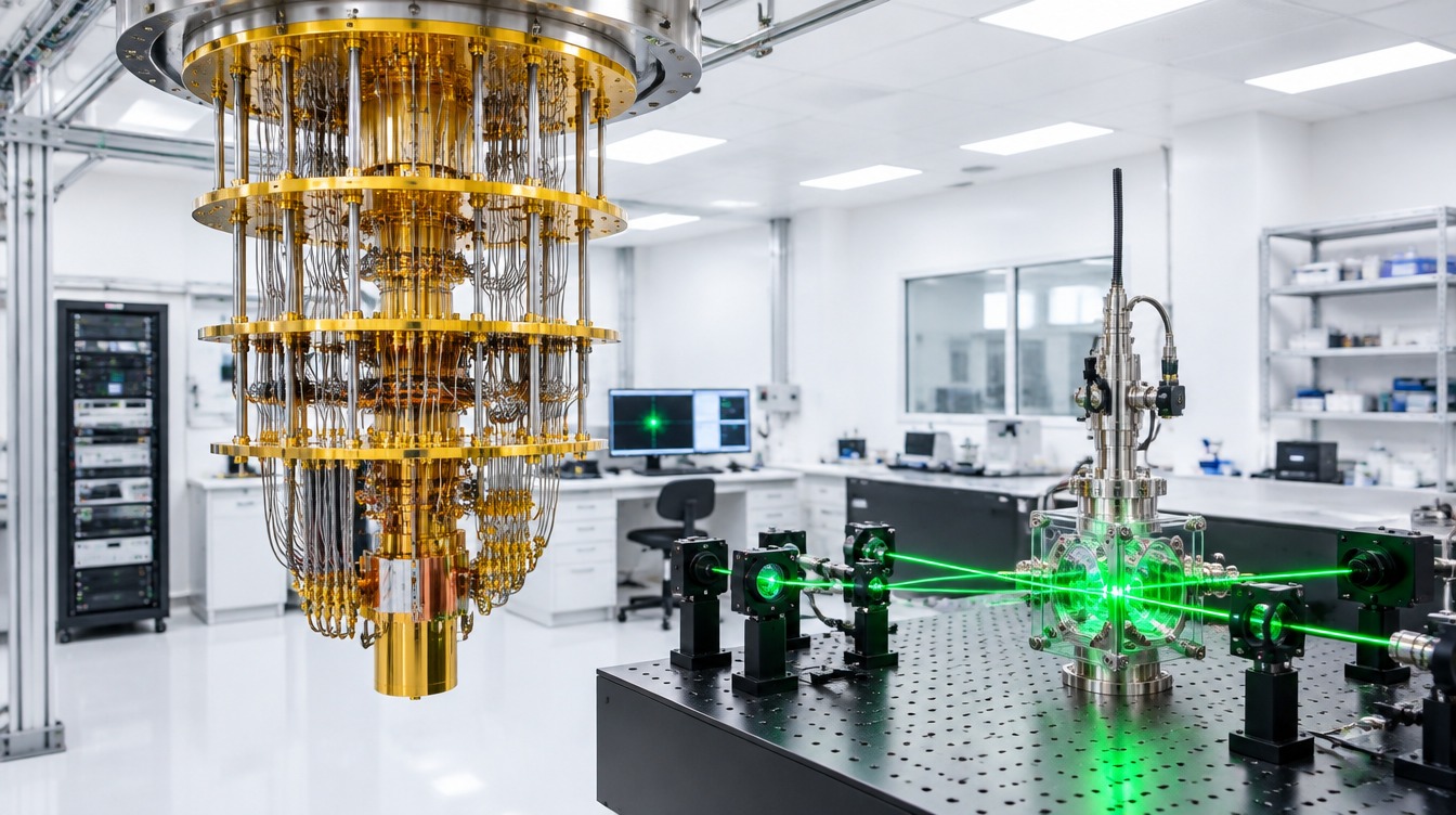 Gold dilution-refrigerator quantum computer beside an optical table with green laser beams in a bright white lab