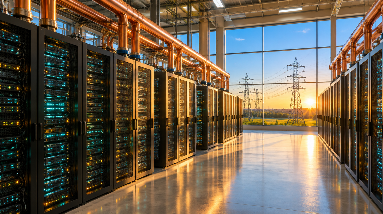 Brightly lit AI data center hall at golden hour with rows of server racks and power lines visible through a window