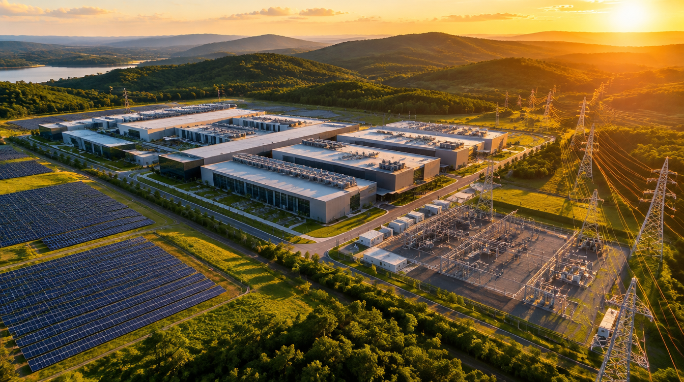 Aerial view of a large data center campus at golden hour beside a substation, transmission lines and solar fields