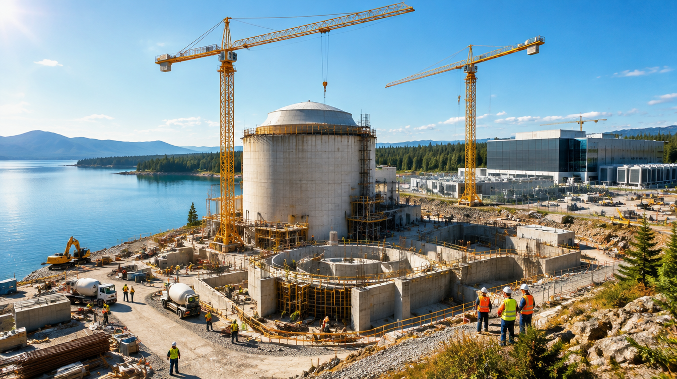 Construction site for a compact nuclear reactor beside a lake, with a data center in the background