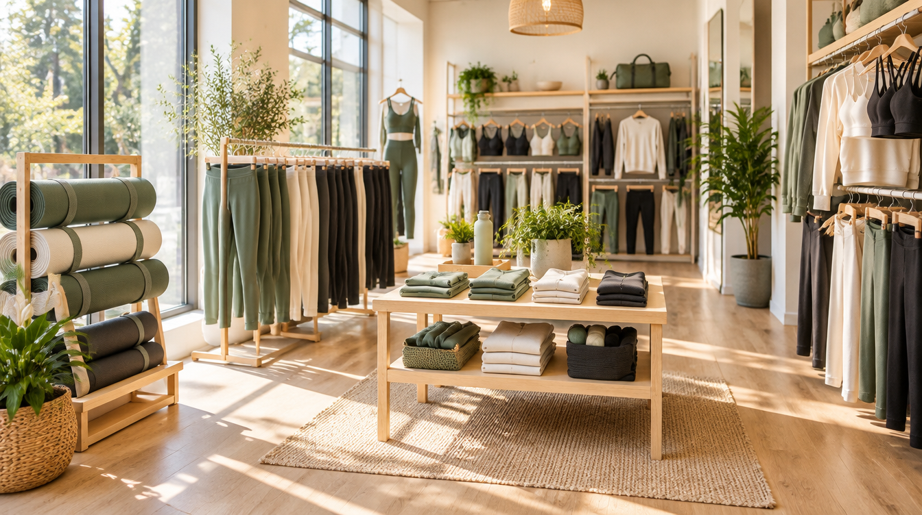 Bright, airy athleisure boutique with racks of leggings and tops in sage green, cream and charcoal, lit by morning sun