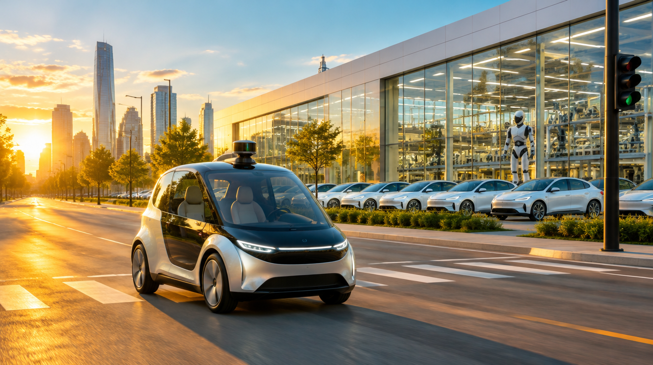 Driverless electric robotaxi passing a modern car factory at golden hour