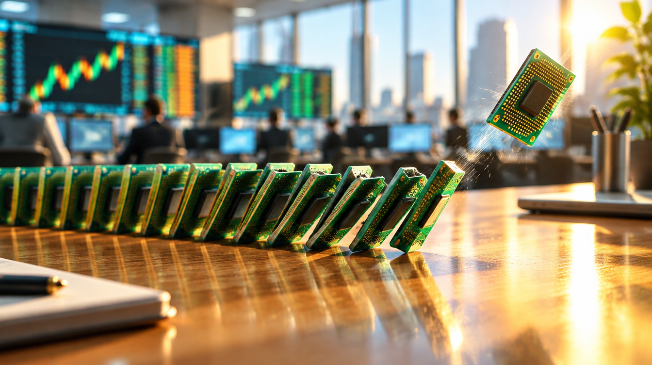 A row of green computer chips falling like dominoes while the last one springs upward, trading floor behind
